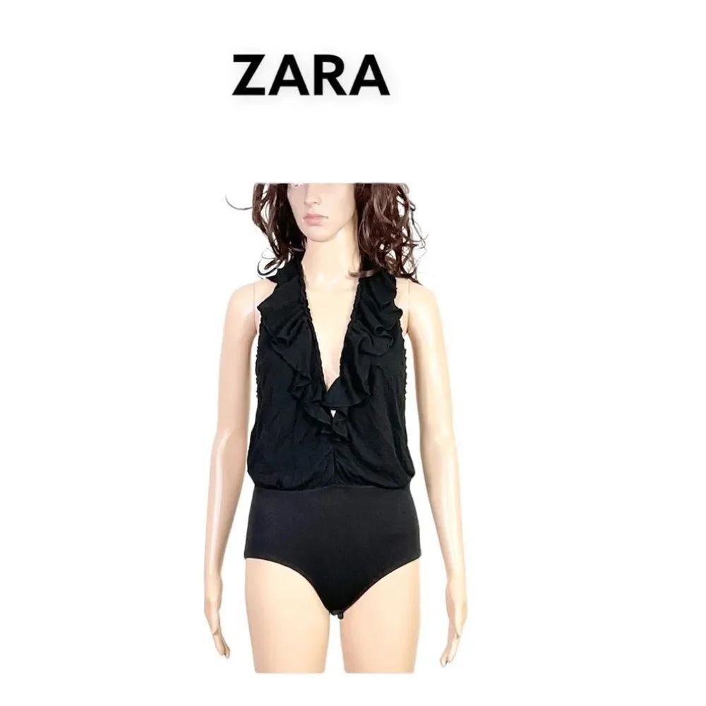 Zara WB Collection Black Ruffle V-Neck Open Back Bodysuit M